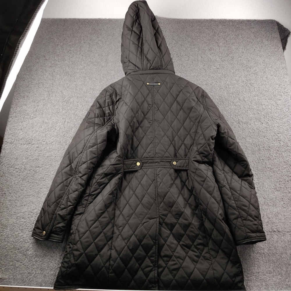 Lauren Ralph Lauren Black Quilted Hooded Barn Jacket Faux Leather Trim Womens L - Picture 7 of 7